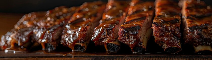 Canvas Print - Close-up of deliciously cooked pork ribs with a rich, sticky barbecue glaze, perfect for a hearty meal.