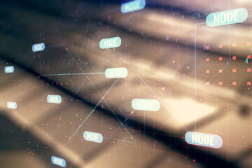 Aufkleber - Double exposure of abstract programming language interface on blurry metal background, research and development concept