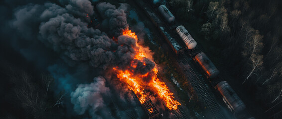 Wall Mural - Aerial view of burning train cars in forest