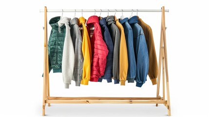 Wall Mural - Jacket with hoody sweater hanger on wooden clothes rack isolated over white background