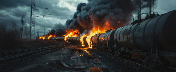 Wall Mural - Freight train fire engulfs tank cars in dramatic scene