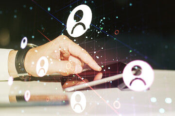 Poster - Social network media concept with finger presses on a digital tablet on background. Double exposure