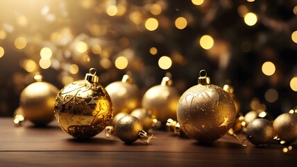 Golden Christmas balls and stars ornaments bokeh background Copy space Generative AI