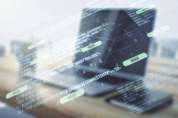 Aufkleber - Multi exposure of abstract programming language hologram and modern desk with computer on background, artificial intelligence and machine learning concept
