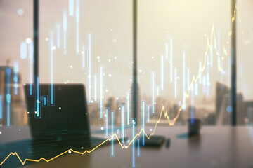 Poster - Abstract creative financial graph and modern desktop with computer on background, forex and investment concept. Multiexposure