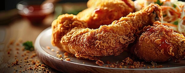 Wall Mural - Close-up of crispy fried chicken on a plate garnished with salad and sauce, perfect for food and culinary projects.