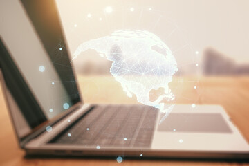 Poster - Double exposure of digital America map on laptop background, research and strategy concept