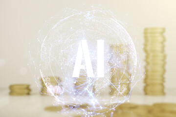 Poster - Creative artificial Intelligence symbol hologram on coins background. Double exposure