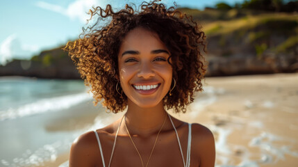 Wall Mural - Beautiful curly woman enjoying the sea scenery on the sunset beach. A happy African American woman walks along the sandy beach near the ocean. The concept of walking, relaxation.