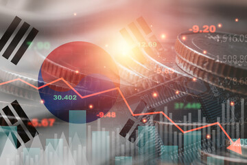 Double exposure of South Korea flag on coins stacking and stock market graph chart .It is symbol of South Korea high growth economy and technology.