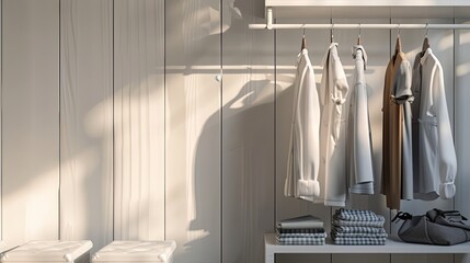 Wall Mural - modern closet with clothes hanging on rail, white wooden wardrobe, interior design concept