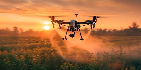 Poster - Drone spraying pesticides or fertilizers over field at sunrise or sunset. Concept Drone Agriculture, Precision Farming, Aerial Spraying, Farming Technology, Sustainable Agriculture