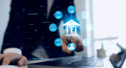 Poster - Digital marketing and online banking technology. Financial digital innovation technology. Finance and banking networking. Customer network connection and cyber security. 
