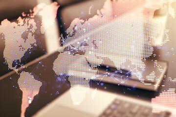 Poster - Double exposure of abstract digital world map on computer background, big data and blockchain concept