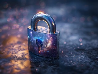 Canvas Print - cosmic data protection padlock icon with galaxy encapsulating digital security