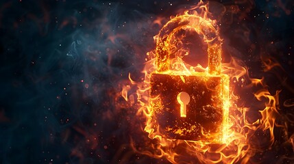 Poster - Intense Fiery Padlock Icon Against Dark Background Symbolizing Powerful Digital Security