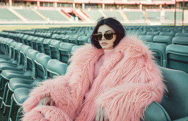 Wall Mural - an influencer wearing a big pink fur coat and sunglasses, sitting on a sofa in the front row at a sports stadium with empty stands around her