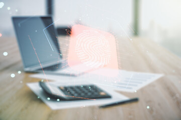 Aufkleber - Multi exposure of virtual fingerprint scan interface on calculator and pc background, digital access concept