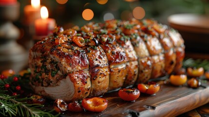 A delectable roast pork loin covered in herbs, beautifully cooked and placed on a wooden board, surrounded by garnishments and festive lighting, inviting and tantalizing.