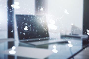 Poster - Double exposure of social network icons concept with computer on background. Networking concept