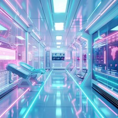 Aufkleber - Futuristic sci-fi interior space station with advanced technology, neon lights, and high-tech screens in a sleek metallic design.