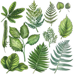 Wall Mural - Collection of various green leaves and ferns illustration. Perfect for botanical designs, nature themes, and decorative purposes.