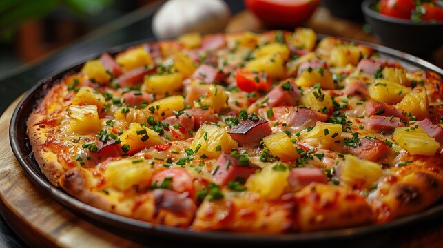 Close Up of a Ham and Pineapple Pizza With Cheese and Green Onions
