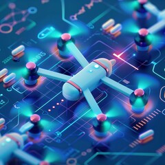 Poster - Futuristic drone technology on a digital circuit board, showcasing innovation in robotics and advanced electronic systems.