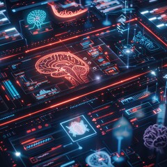Aufkleber - Futuristic AI technology interface with digital brain graphics and data holograms in a high-tech environment.