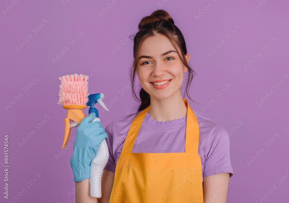 American woman holding cleaning supplies and smiling isolated on a ...