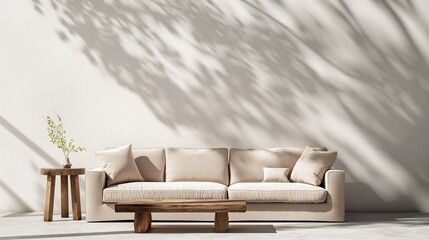 Wall Mural - There is a comfortable sofa with tree leaf shadow white wall background