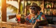 © ds17 - Stylish monkey in a Hawaiian shirt, hat and sunglasses sits at a bar with an orange cocktail. Copyspace, place for text