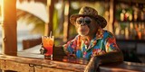 Stylish monkey in a Hawaiian shirt, hat and sunglasses sits at a bar with an orange cocktail. Copyspace, place for text