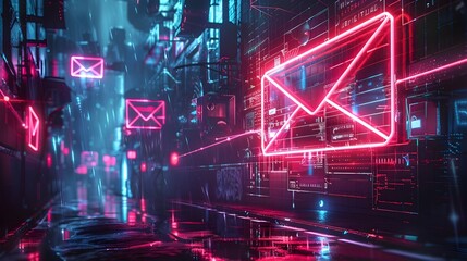 Poster - neon glowing futuristic email icon in cityscape with vibrant lighting and dynamic atmosphere