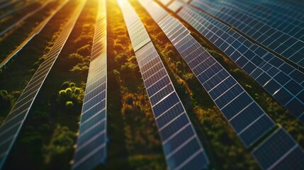 Wall Mural - high-altitude shot of a solar panel farm, rows of panels shining under the sun, symbolizing renewabl