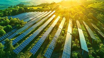 Wall Mural - high-altitude shot of a solar panel farm, rows of panels shining under the sun, symbolizing renewabl