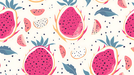Wall Mural - Pitahaya. Dragon fruit summer seamless pattern. Healthy food, vegans. Veganuary. Cactus. Tropical exotic fruits, leaves. Healthy food. For menu, cafe, wallpaper, fabric, wrapping