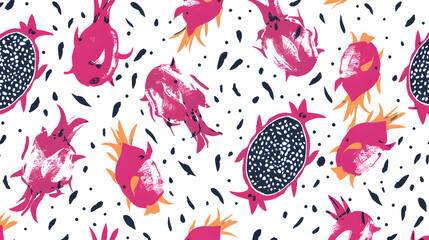 Wall Mural - Pitahaya. Dragon fruit summer seamless pattern. Healthy food, vegans. Veganuary. Cactus. Tropical exotic fruits, leaves. Healthy food. For menu, cafe, wallpaper, fabric, wrapping