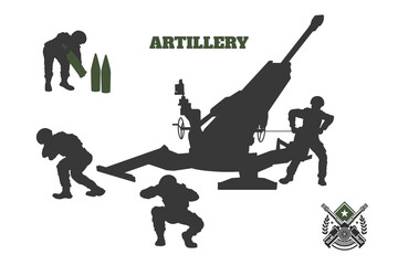 Wall Mural - Artillery division isolated silhouette. Military scene with soldiers and cannon. Heavy gun troops banner. Modern war black background