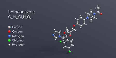 Wall Mural - ketoconazole molecule 3d rendering, flat molecular structure with chemical formula and atoms color coding