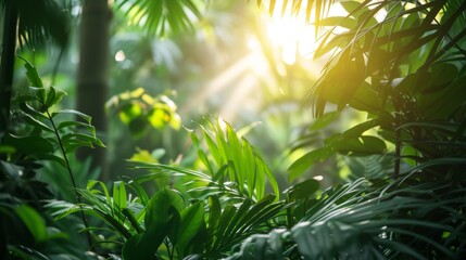 Wall Mural - Sunlight filtering through lush green plants