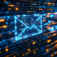 Poster - futuristic email icon in a digital code matrix with copy space
