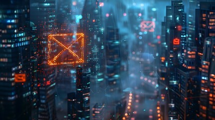 Poster - Glowing Email Icon in Futuristic Digital Cityscape at Night Symbolizing Urban Communication