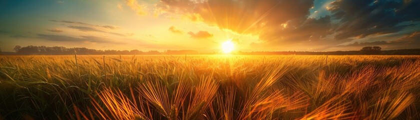 Poster - Golden fields of grain bathed in sunset light under a dramatic sky, capturing the beauty of nature and the serenity of rural landscapes.