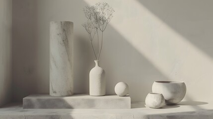 Poster - A white and grey room with a white table and white bowls on it. The bowls are arranged in a way that they look like they are on a table