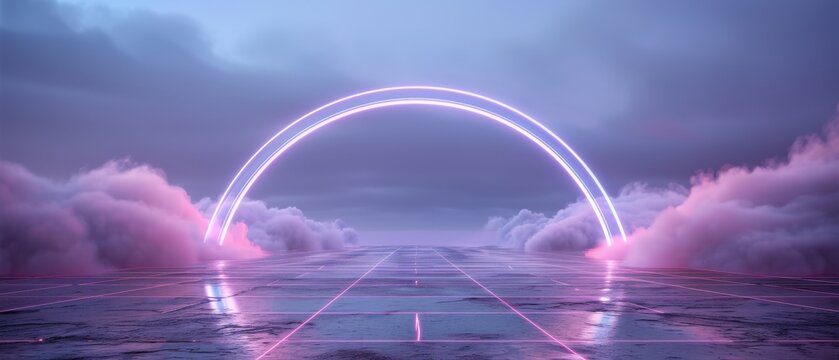 Futuristic neon arco surrounded by pink clouds in a glowing, surreal landscape, with a reflective surface under a mystical purple sky.