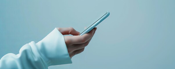 Close-up of a hand holding a smartphone against a blue background. Concept of technology, communication, and modern lifestyle.