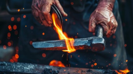 Poster - A blacksmith is forging a piece of metal with a hammer and a hot piece of metal