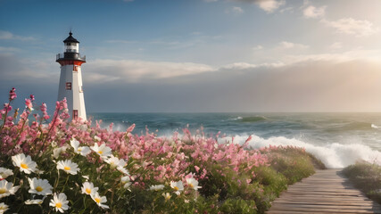 Panoramic view of a beautiful lighthouse with flowers  by the ocean on a Bay with a beach. AI generated image, ai.