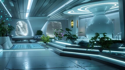 Poster - A futuristic room with a white ceiling and a large white orb in the center. The room is filled with plants and has a modern, sleek design